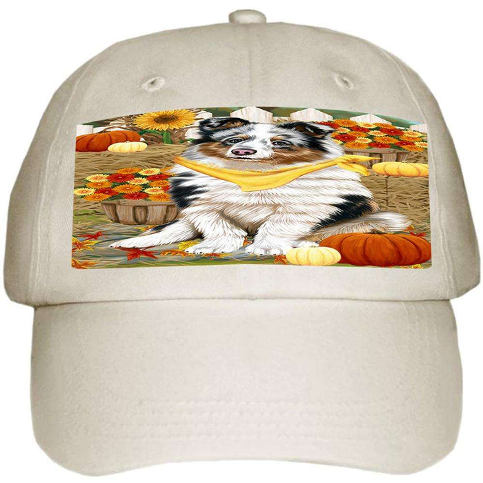 Fall Autumn Greeting Shetland Sheepdog with Pumpkins Ball Hat Cap HAT56322