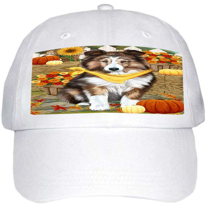 Fall Autumn Greeting Shetland Sheepdog with Pumpkins Ball Hat Cap HAT56325