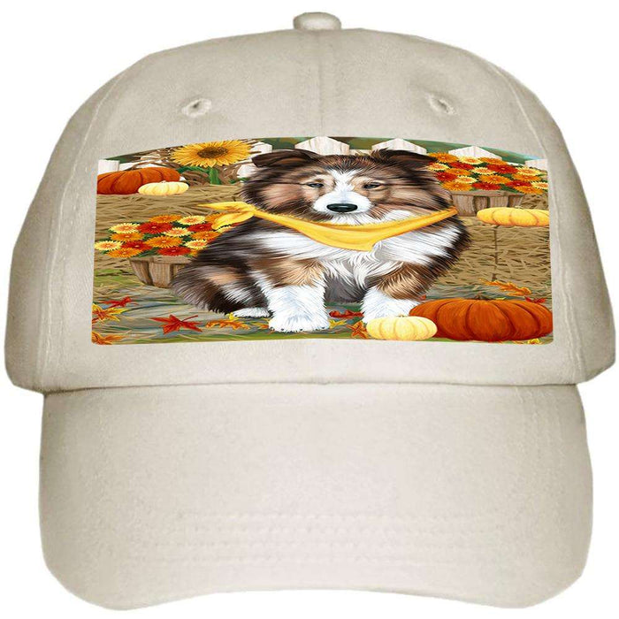 Fall Autumn Greeting Shetland Sheepdog with Pumpkins Ball Hat Cap HAT56325