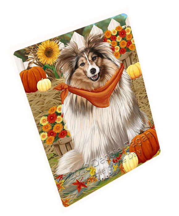 Fall Autumn Greeting Shetland Sheepdog with Pumpkins Cutting Board C56607