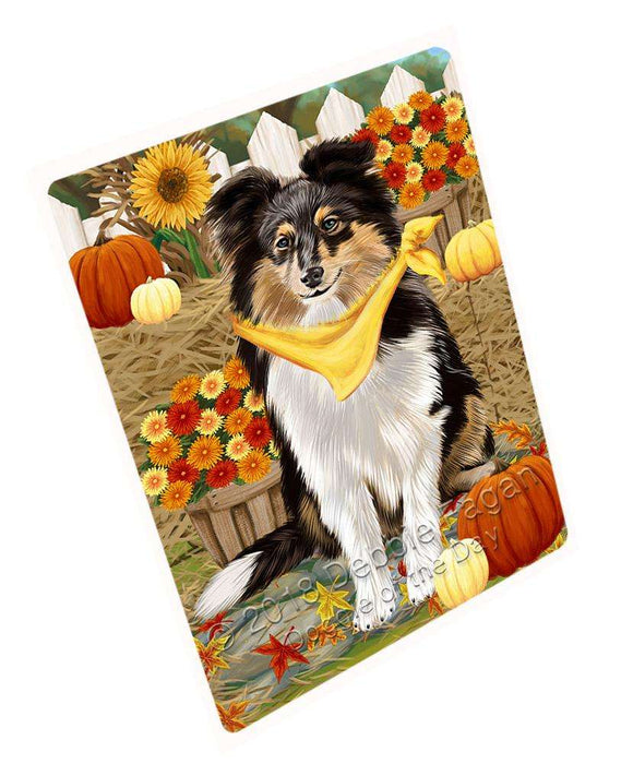 Fall Autumn Greeting Shetland Sheepdog with Pumpkins Cutting Board C56610
