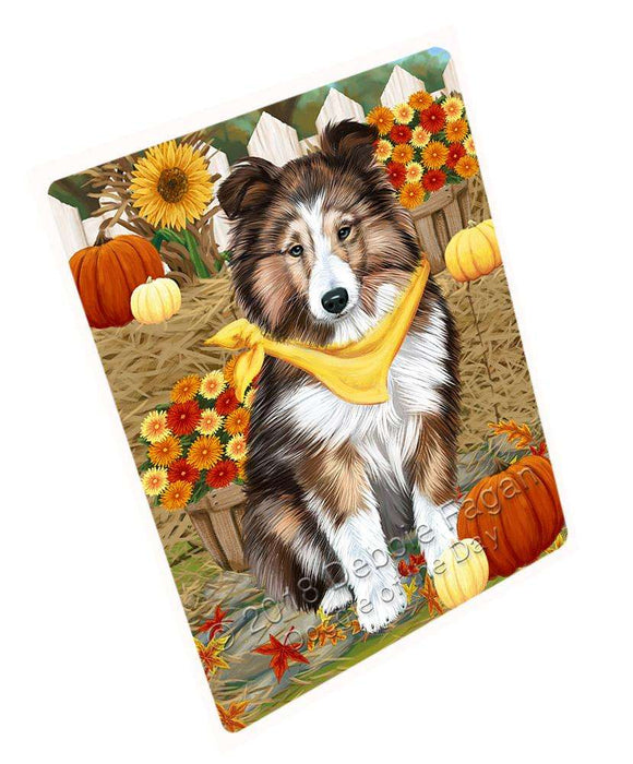 Fall Autumn Greeting Shetland Sheepdog with Pumpkins Cutting Board C56616