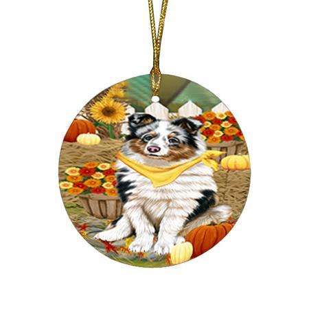 Fall Autumn Greeting Shetland Sheepdog with Pumpkins Round Flat Christmas Ornament RFPOR50842
