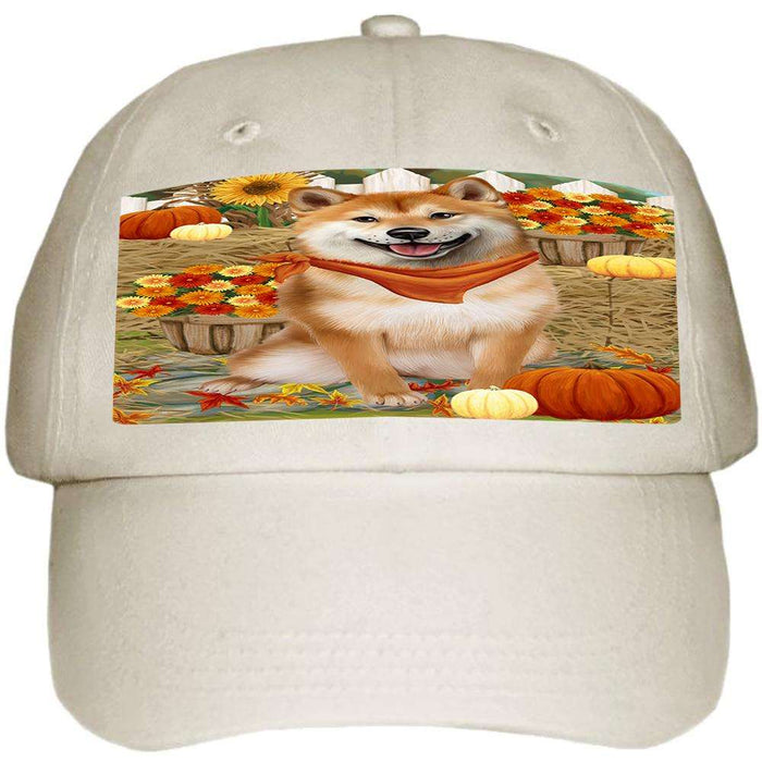 Fall Autumn Greeting Shiba Inu Dog with Pumpkins Ball Hat Cap HAT56328