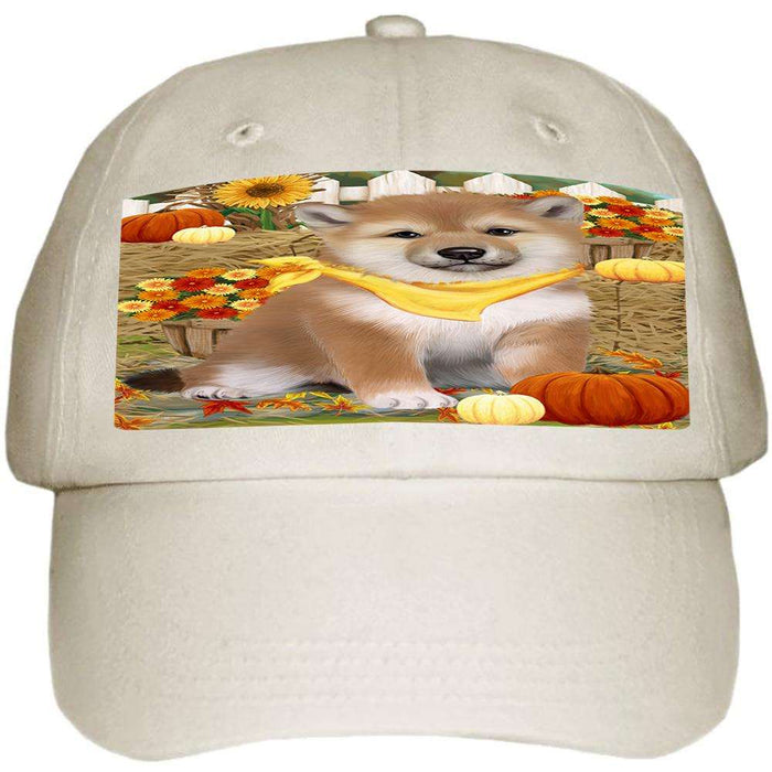 Fall Autumn Greeting Shiba Inu Dog with Pumpkins Ball Hat Cap HAT56331