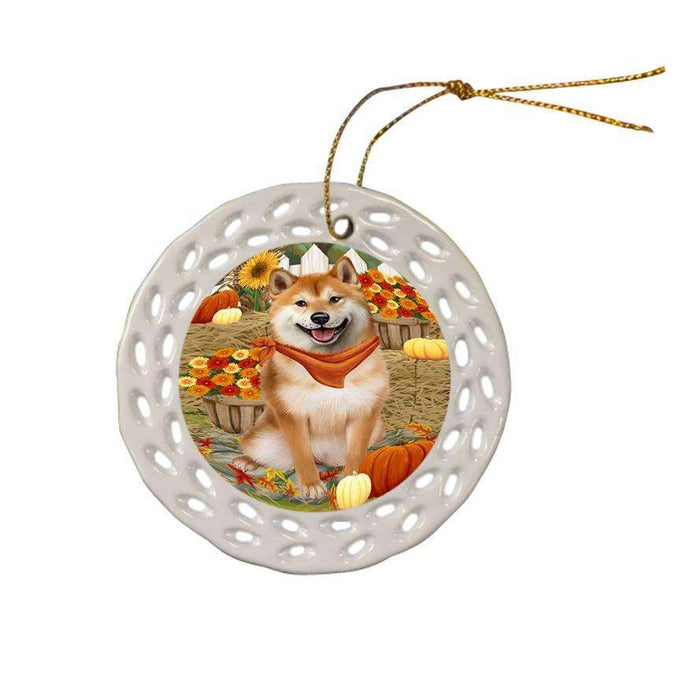 Fall Autumn Greeting Shiba Inu Dog with Pumpkins Ceramic Doily Ornament DPOR50853
