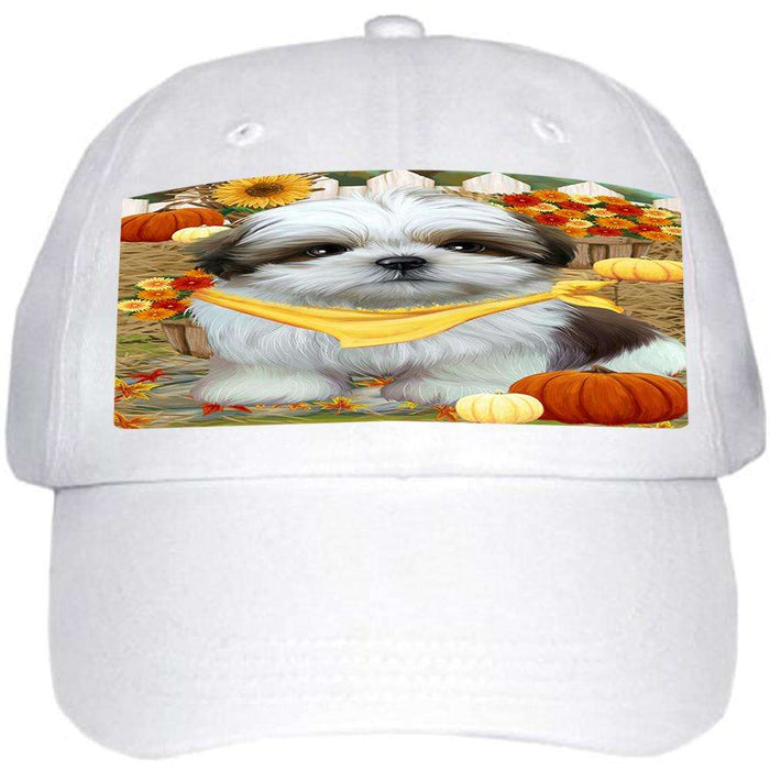 Fall Autumn Greeting Shih Tzu Dog with Pumpkins Ball Hat Cap HAT56340
