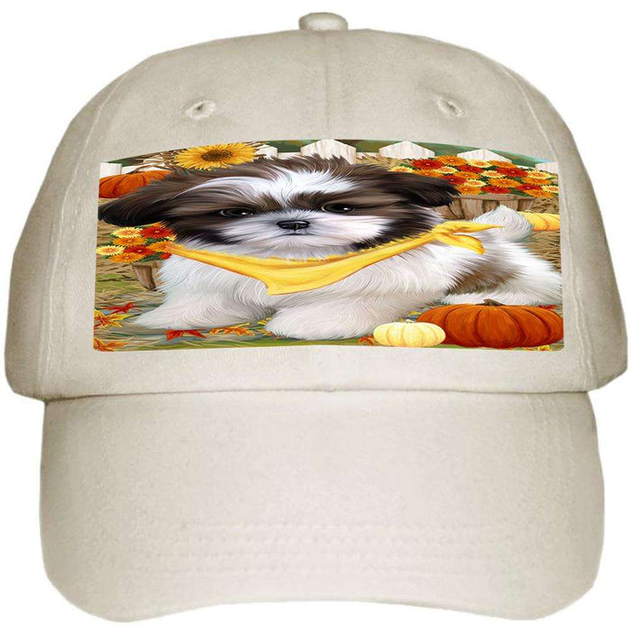 Fall Autumn Greeting Shih Tzu Dog with Pumpkins Ball Hat Cap HAT56343
