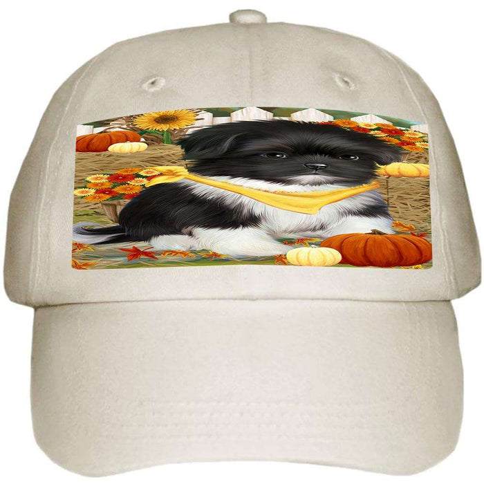 Fall Autumn Greeting Shih Tzu Dog with Pumpkins Ball Hat Cap HAT56346