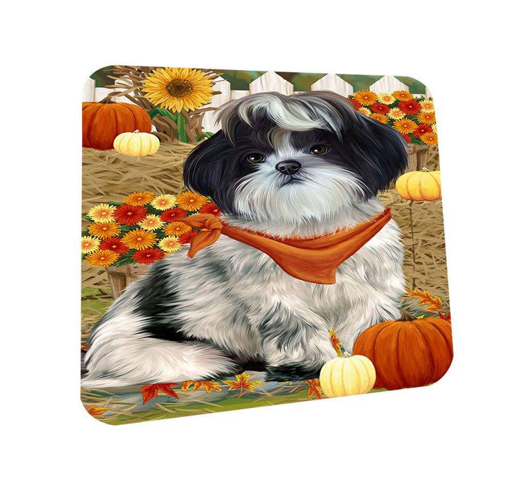 Fall Autumn Greeting Shih Tzu Dog with Pumpkins Coasters Set of 4 CST50815