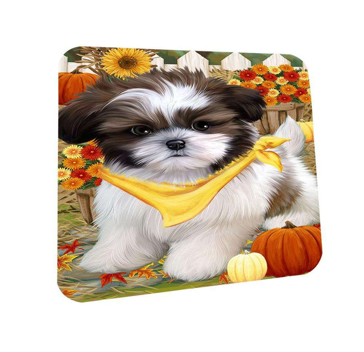 Fall Autumn Greeting Shih Tzu Dog with Pumpkins Coasters Set of 4 CST50817