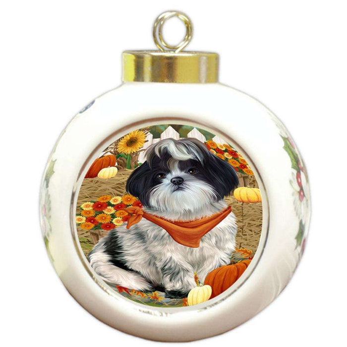 Fall Autumn Greeting Shih Tzu Dog with Pumpkins Round Ball Christmas Ornament RBPOR50856