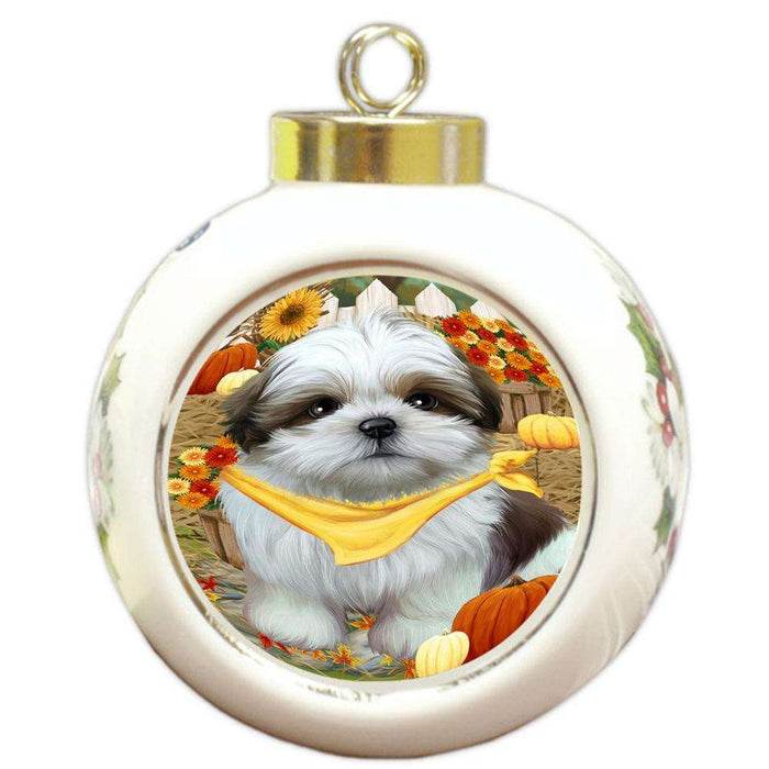 Fall Autumn Greeting Shih Tzu Dog with Pumpkins Round Ball Christmas Ornament RBPOR50857
