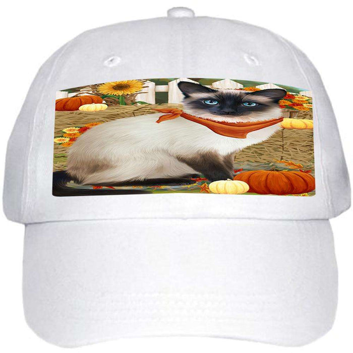 Fall Autumn Greeting Siamese Cat with Pumpkins Ball Hat Cap HAT60765