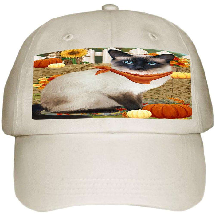 Fall Autumn Greeting Siamese Cat with Pumpkins Ball Hat Cap HAT60765