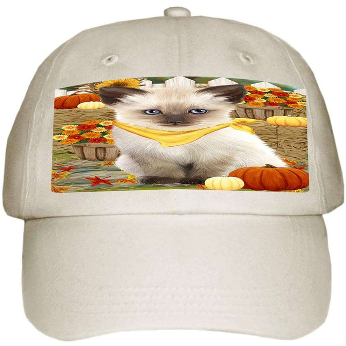 Fall Autumn Greeting Siamese Cat with Pumpkins Ball Hat Cap HAT60768