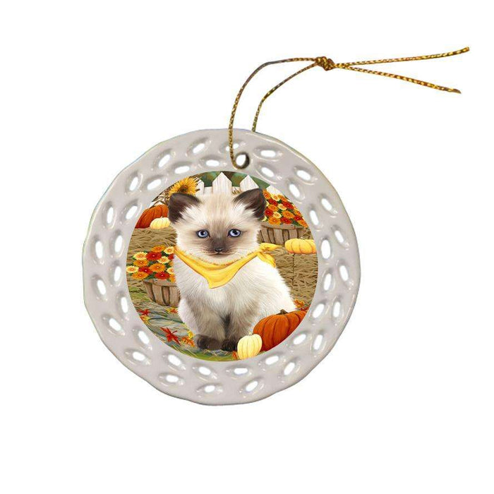 Fall Autumn Greeting Siamese Cat with Pumpkins Ceramic Doily Ornament DPOR52345