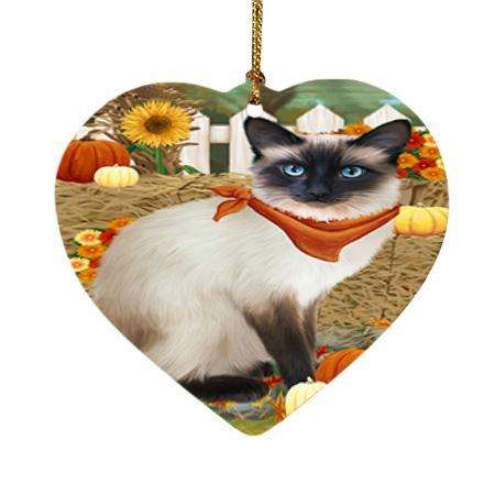 Fall Autumn Greeting Siamese Cat with Pumpkins Heart Christmas Ornament HPOR52344