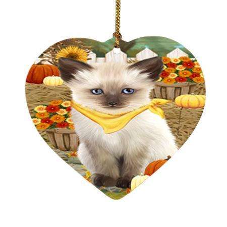 Fall Autumn Greeting Siamese Cat with Pumpkins Heart Christmas Ornament HPOR52345