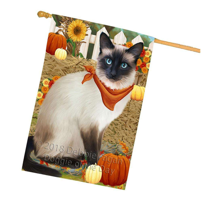 Fall Autumn Greeting Siamese Cat with Pumpkins House Flag FLG52425