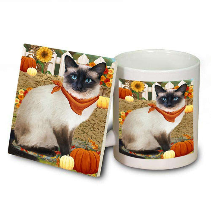 Fall Autumn Greeting Siamese Cat with Pumpkins Mug and Coaster Set MUC52336