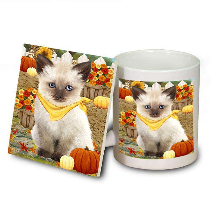 Fall Autumn Greeting Siamese Cat with Pumpkins Mug and Coaster Set MUC52337