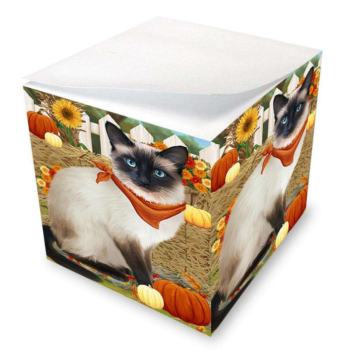 Fall Autumn Greeting Siamese Cat with Pumpkins Note Cube NOC52344