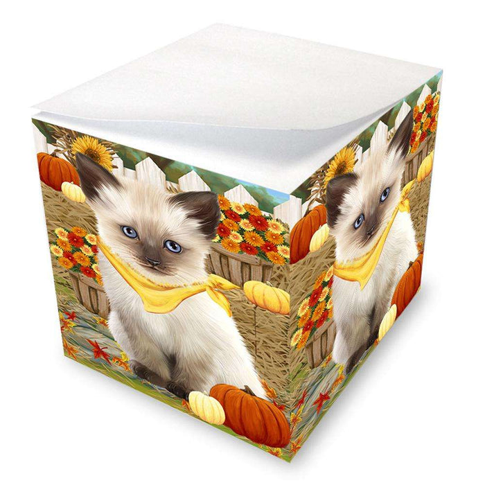 Fall Autumn Greeting Siamese Cat with Pumpkins Note Cube NOC52345