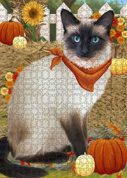 Fall Autumn Greeting Siamese Cat with Pumpkins Puzzle with Photo Tin PUZL60963