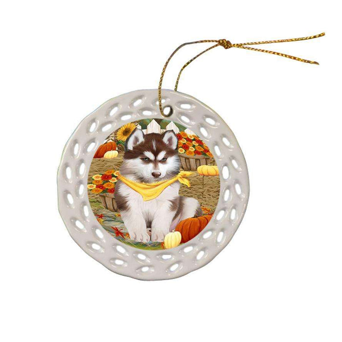 Fall Autumn Greeting Siberian Huskie Dog with Pumpkins Ceramic Doily Ornament DPOR50861