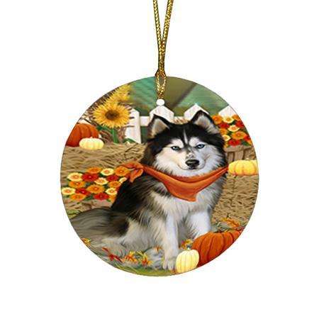 Fall Autumn Greeting Siberian Huskie Dog with Pumpkins Round Flat Christmas Ornament RFPOR50851