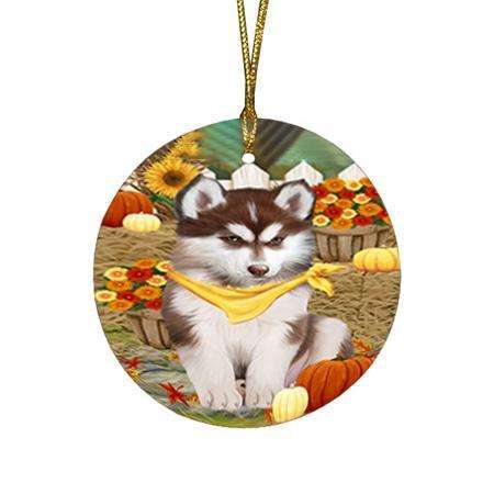 Fall Autumn Greeting Siberian Huskie Dog with Pumpkins Round Flat Christmas Ornament RFPOR50852
