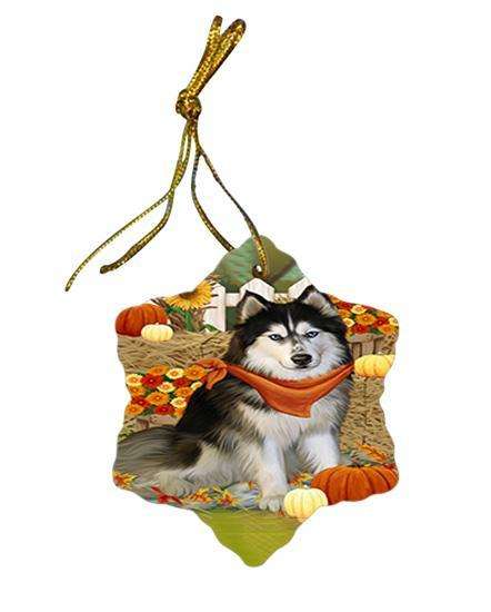 Fall Autumn Greeting Siberian Huskie Dog with Pumpkins Star Porcelain Ornament SPOR50852