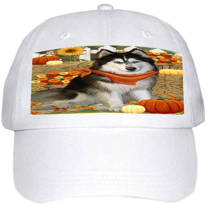 Fall Autumn Greeting Siberian Husky Dog with Pumpkins Ball Hat Cap HAT56349