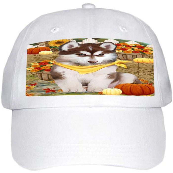 Fall Autumn Greeting Siberian Husky Dog with Pumpkins Ball Hat Cap HAT56352