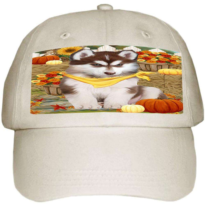 Fall Autumn Greeting Siberian Husky Dog with Pumpkins Ball Hat Cap HAT56352