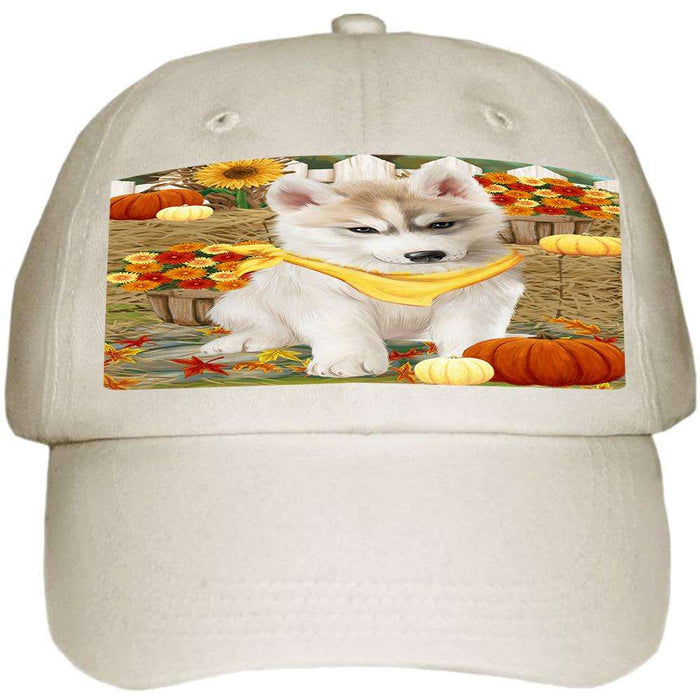Fall Autumn Greeting Siberian Husky Dog with Pumpkins Ball Hat Cap HAT56355