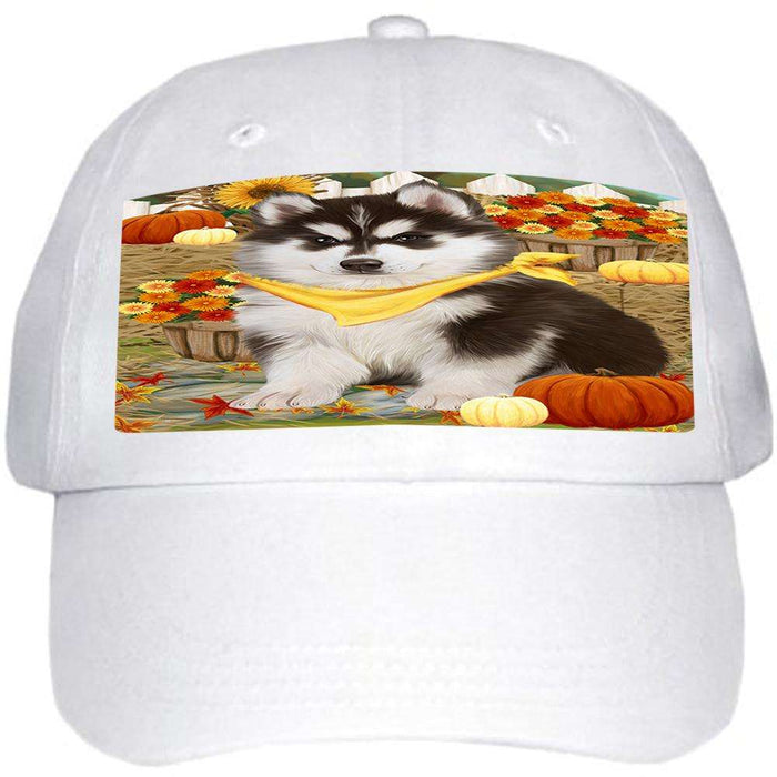 Fall Autumn Greeting Siberian Husky Dog with Pumpkins Ball Hat Cap HAT56358
