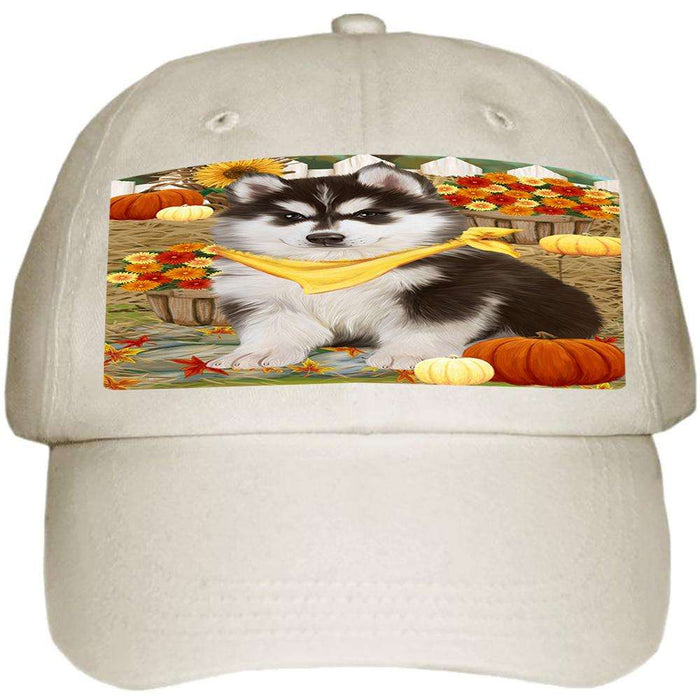Fall Autumn Greeting Siberian Husky Dog with Pumpkins Ball Hat Cap HAT56358