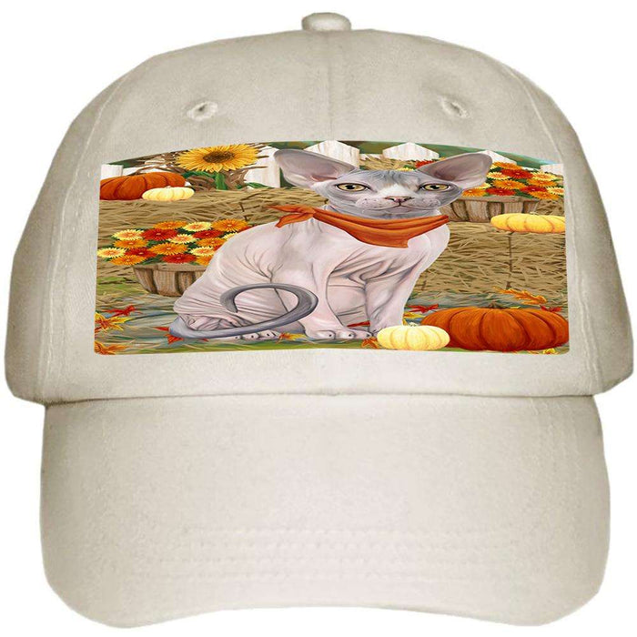 Fall Autumn Greeting Sphynx Cat with Pumpkins Ball Hat Cap HAT60771