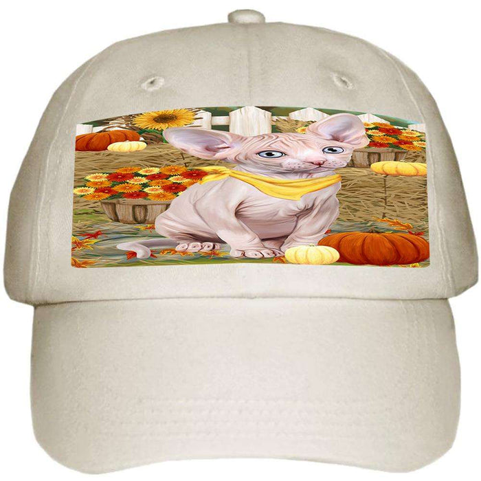 Fall Autumn Greeting Sphynx Cat with Pumpkins Ball Hat Cap HAT60783