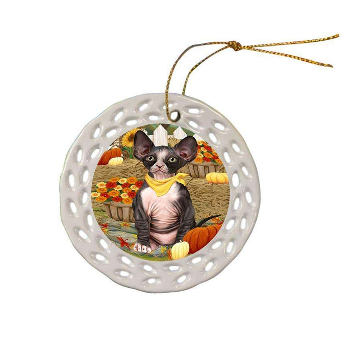 Fall Autumn Greeting Sphynx Cat with Pumpkins Ceramic Doily Ornament DPOR52348