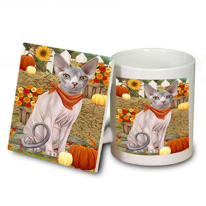 Fall Autumn Greeting Sphynx Cat with Pumpkins Mug and Coaster Set MUC52338