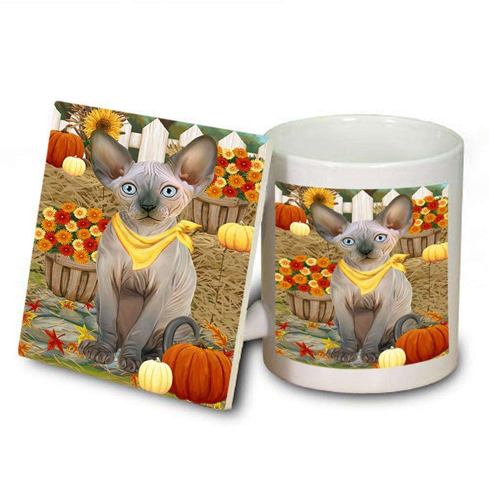 Fall Autumn Greeting Sphynx Cat with Pumpkins Mug and Coaster Set MUC52339