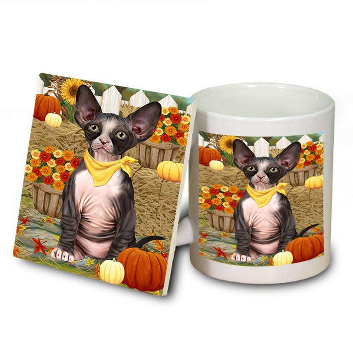 Fall Autumn Greeting Sphynx Cat with Pumpkins Mug and Coaster Set MUC52340