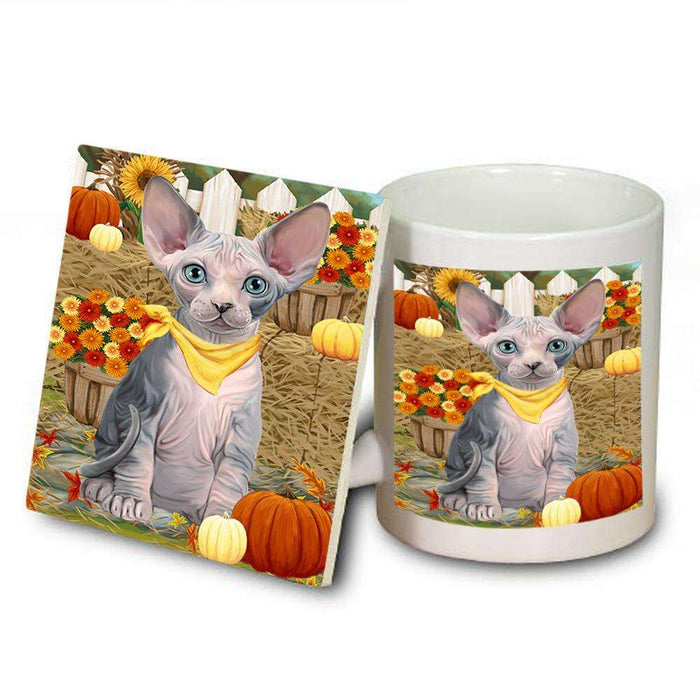 Fall Autumn Greeting Sphynx Cat with Pumpkins Mug and Coaster Set MUC52341
