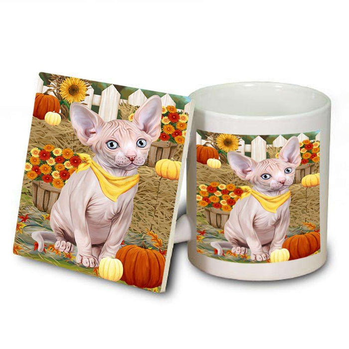 Fall Autumn Greeting Sphynx Cat with Pumpkins Mug and Coaster Set MUC52342