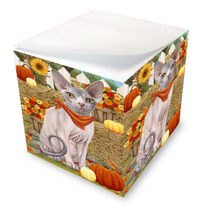Fall Autumn Greeting Sphynx Cat with Pumpkins Note Cube NOC52346