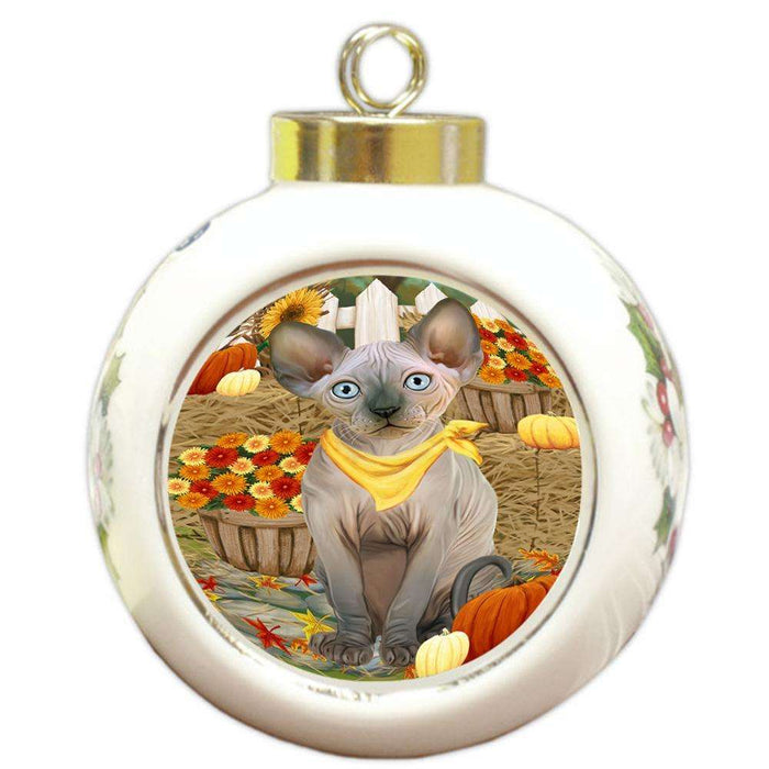 Fall Autumn Greeting Sphynx Cat with Pumpkins Round Ball Christmas Ornament RBPOR52347