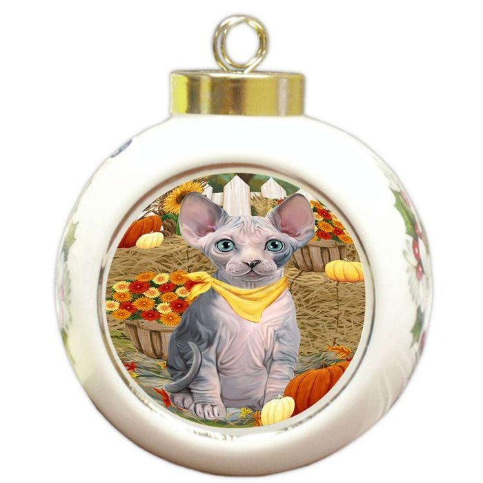 Fall Autumn Greeting Sphynx Cat with Pumpkins Round Ball Christmas Ornament RBPOR52349